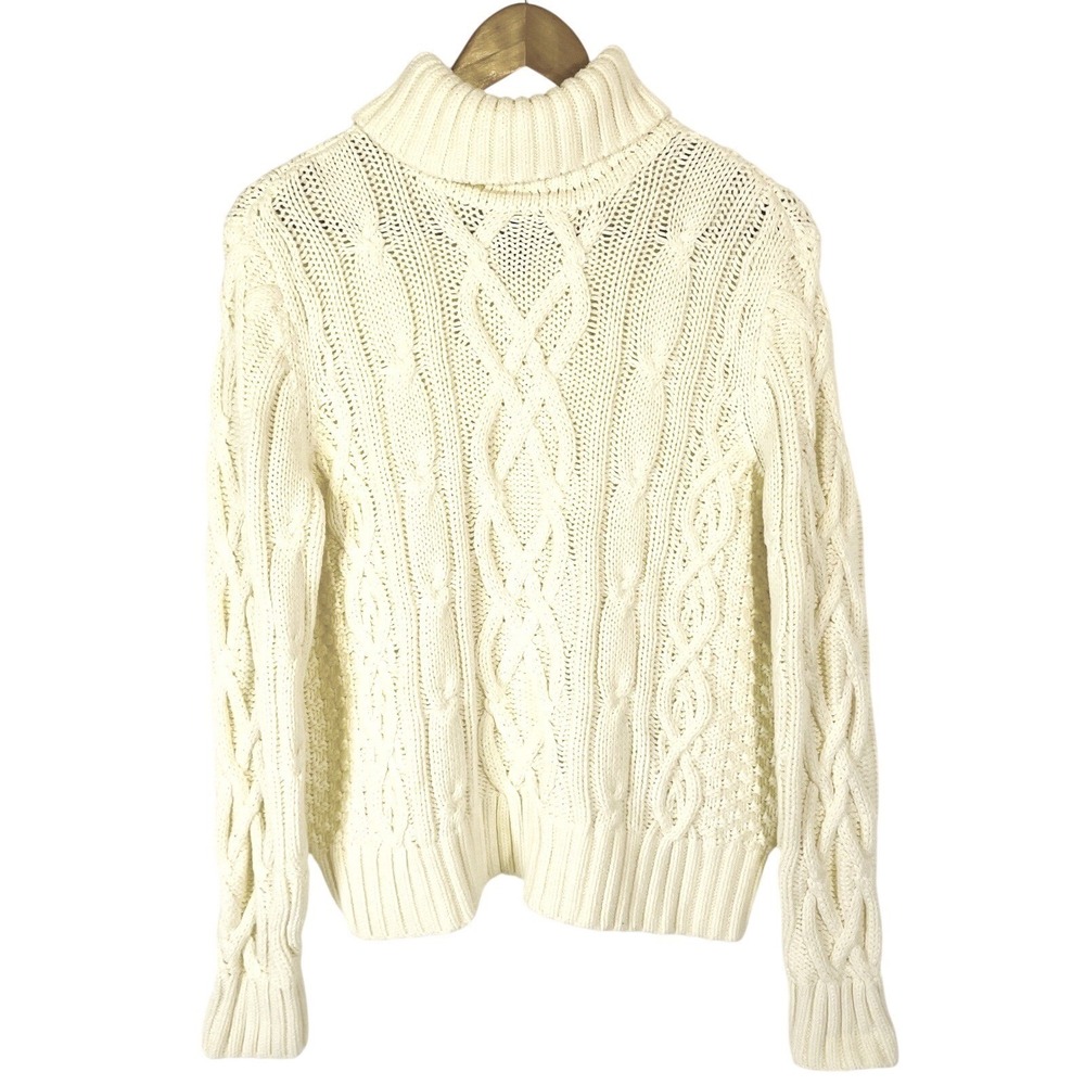 Lands End Sweater Fishermans Cable Knit Turtleneck‎ L Coastal Grandmother